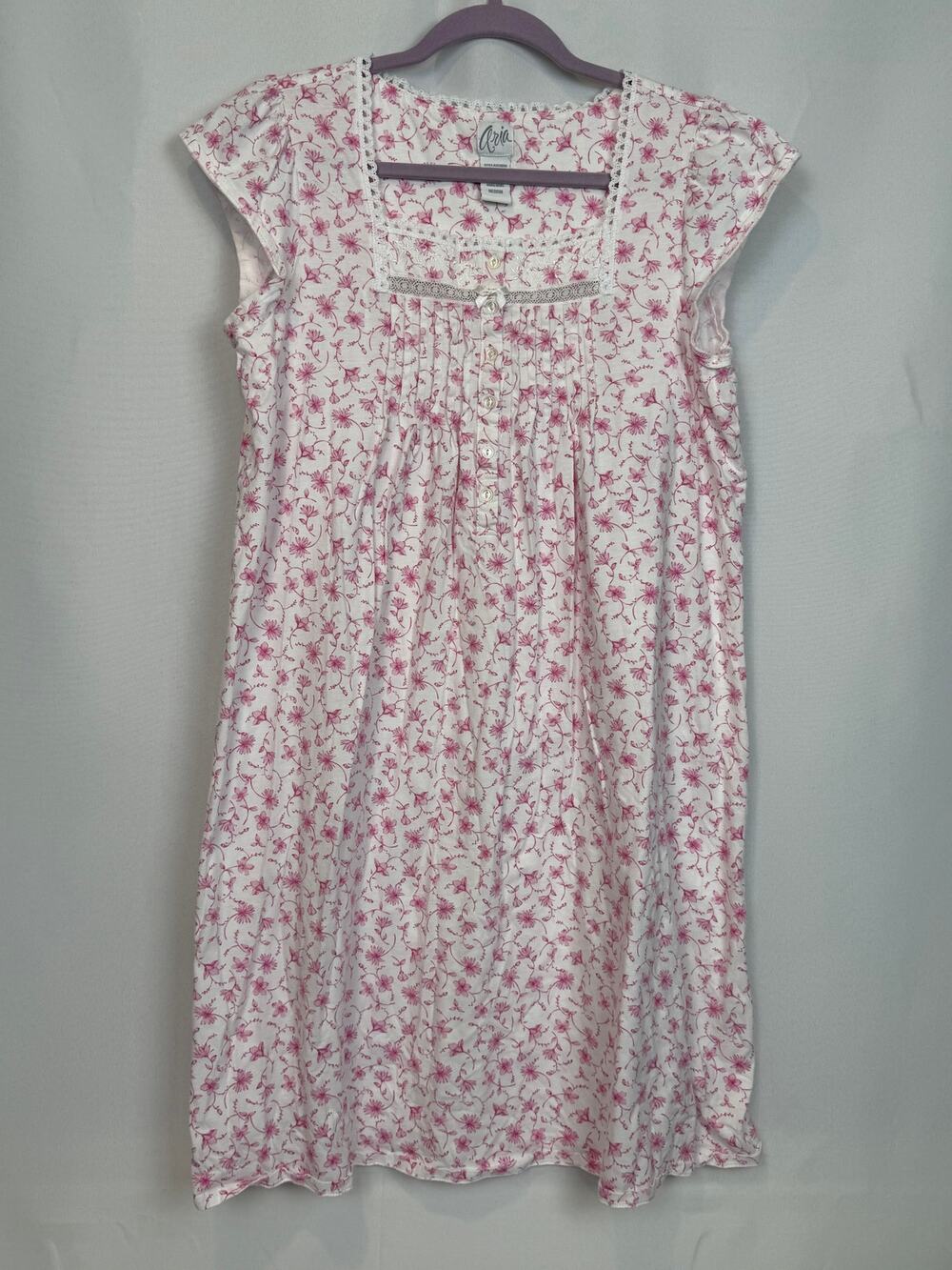 Aria Vintage Nightgown Size M Pink Floral 100% Cotton Lace Cottagecore 1980s